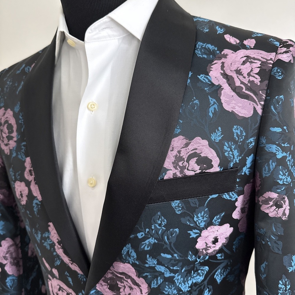 Kilburne Finch Tuxedo Jacket Mens 38R Purple Floral Blue Blazer Wedding - Picture 2 of 14